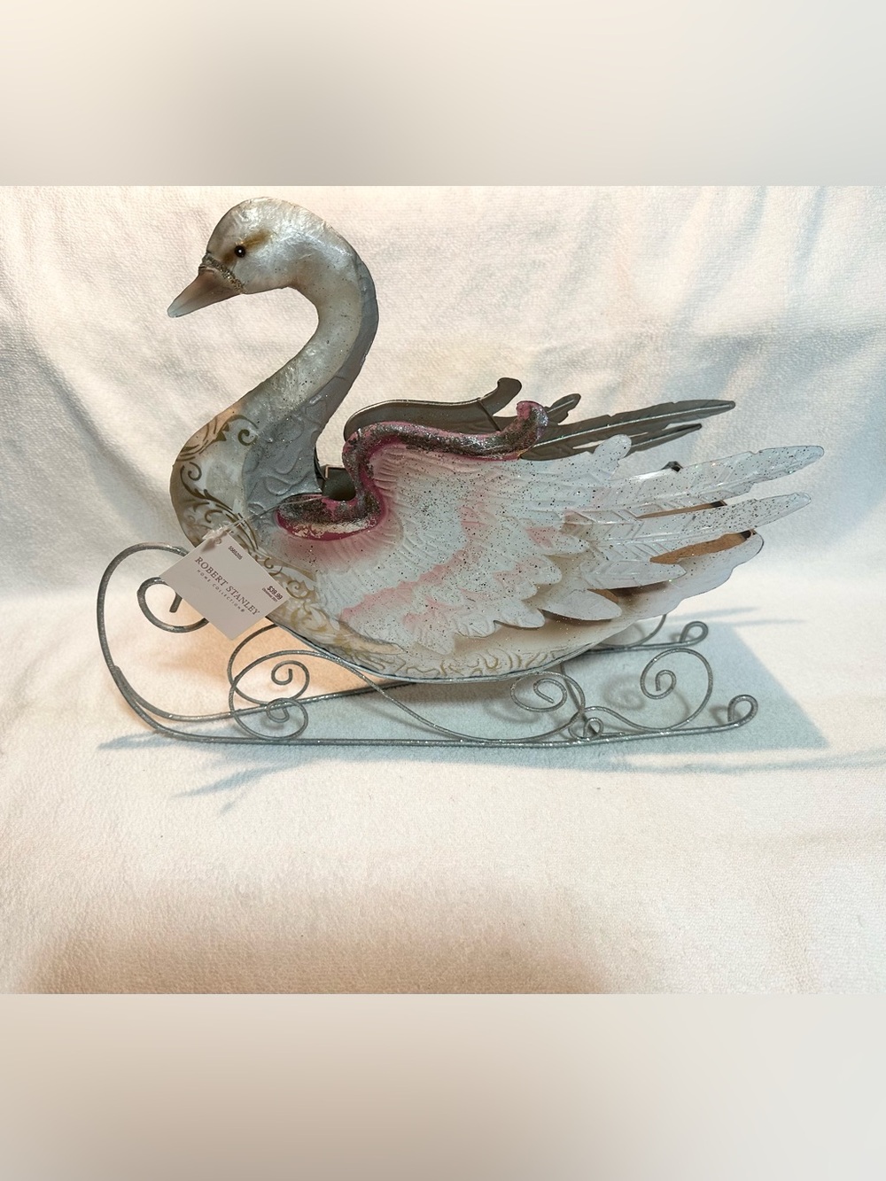 Robert Stanley Swan Sleigh Christmas centerpiece planter Glitter-adorned